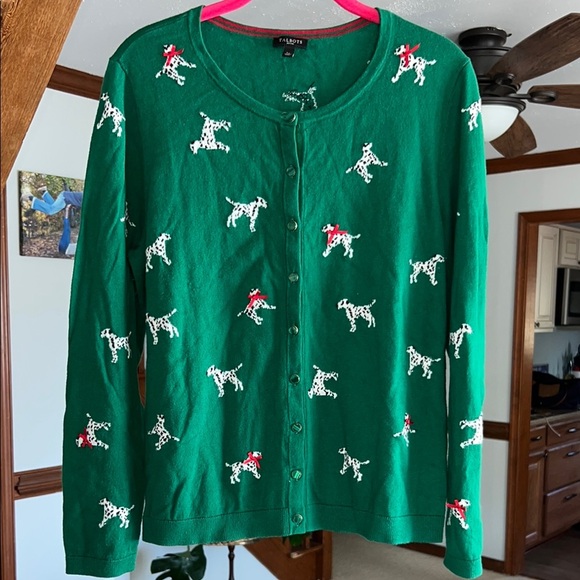 Talbots Women's Size LP Green Cashmere Cardigan Sweater Dalmation Dog Design - Picture 1 of 8